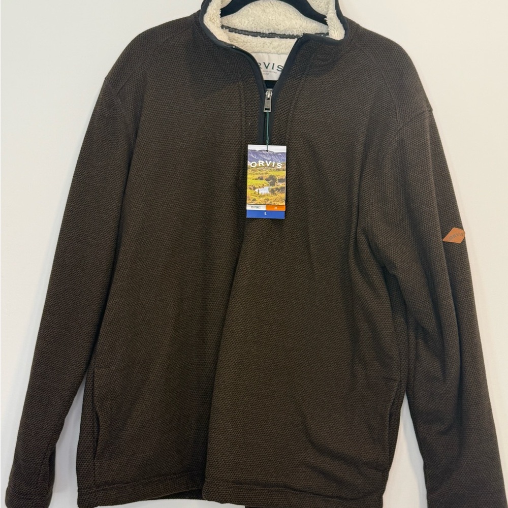 🟤 NWT Orvis Sherpa-Lined Quarter Zip Pullover – Men’s Large